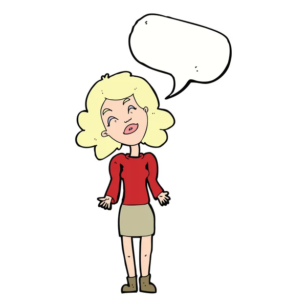 Mulher dos desenhos animados encolhendo ombros com bolha de fala — Vetor de Stock