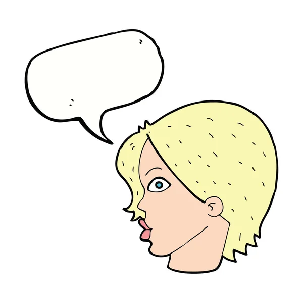 Desenho animado rosto feminino olhando com bolha de fala — Vetor de Stock