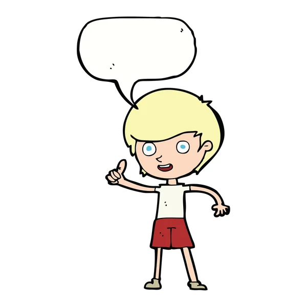 Cartoon boy giving thumbs up symbol with speech bubble — Stock Vector