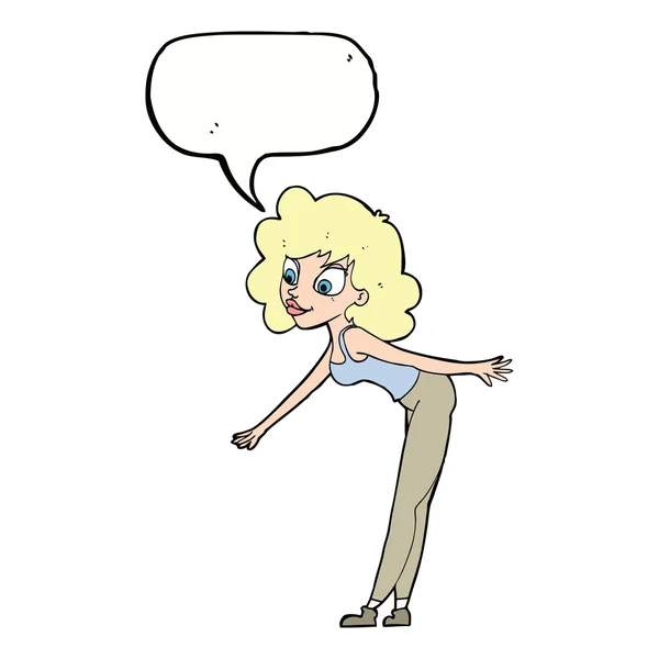 Femme dessin animé atteindre pour ramasser quelque chose avec bulle de parole — Image vectorielle