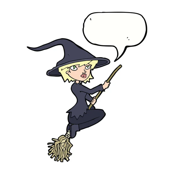 Cartoon witch riding broomstick with speech bubble — Stock Vector