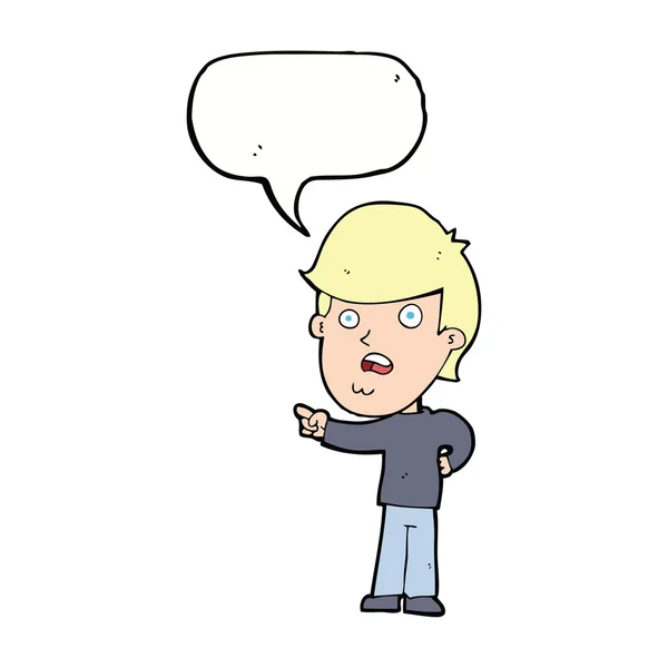 Мультфильм шокирован человек указывая с мыльным пузырем речи — стоковый вектор