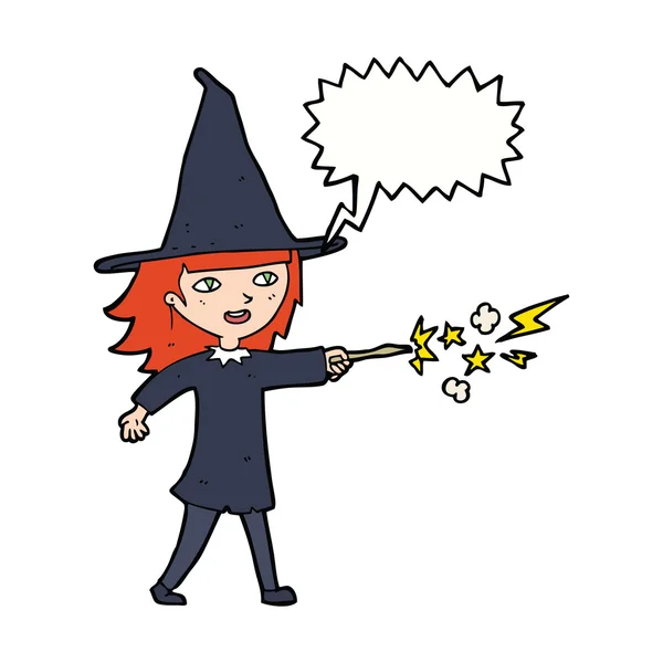 Cartoon witch girl casting spell with speech bubble — Stock Vector