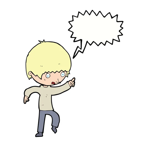 Cartoon worried boy pointing with speech bubble — Stock Vector