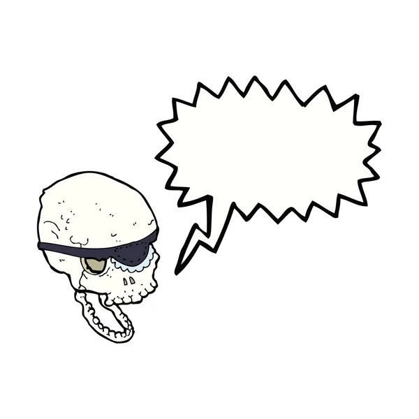 Calavera espeluznante de dibujos animados con parche para los ojos con burbuja del habla — Vector de stock