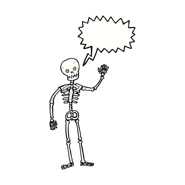 Cartoon zwaaien skelet met spraakbel — Stockvector