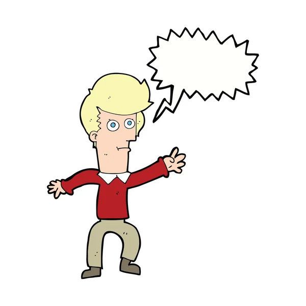 Homem dos desenhos animados acenando com bolha de fala — Vetor de Stock