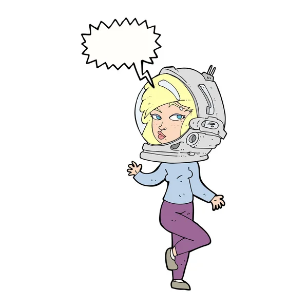 Tecknad kvinna bär utrymme hjälm med tal bubbla — Stock vektor