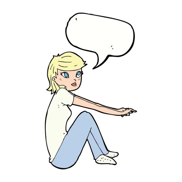 Desenho animado menina bonita sentado com bolha de fala — Vetor de Stock