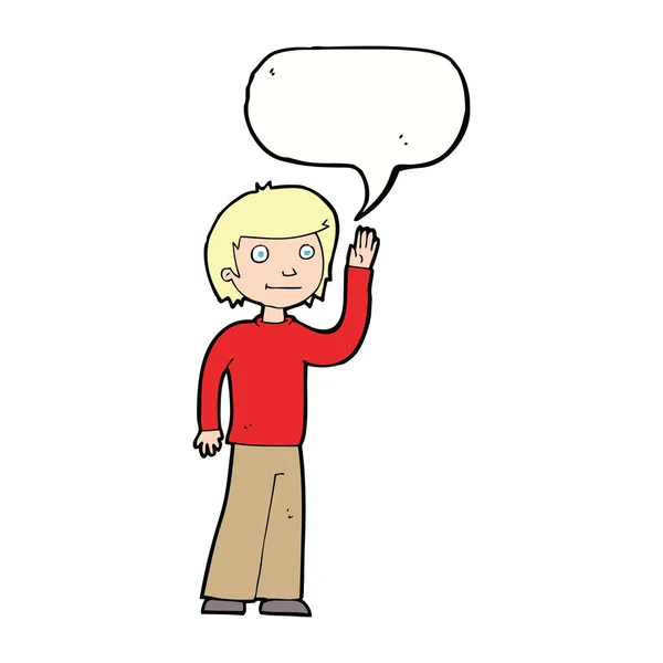 Karikatura přátelský chlapec mává s bublinou řeči — Stockový vektor