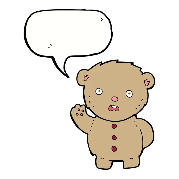 Dibujos animados oso de peluche infeliz con burbuja de habla — Vector de stock