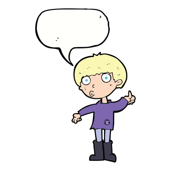 Menino dos desenhos animados fazendo pergunta com bolha de fala — Vetor de Stock