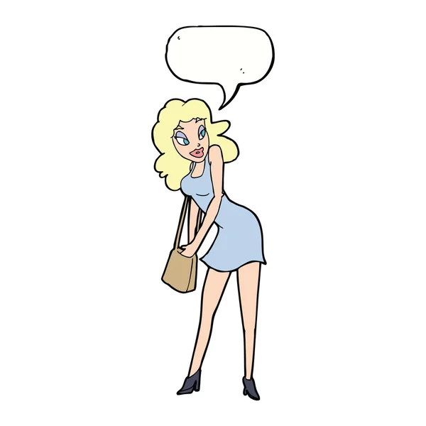 Mujer de dibujos animados mirando en bolso con burbuja de habla — Vector de stock