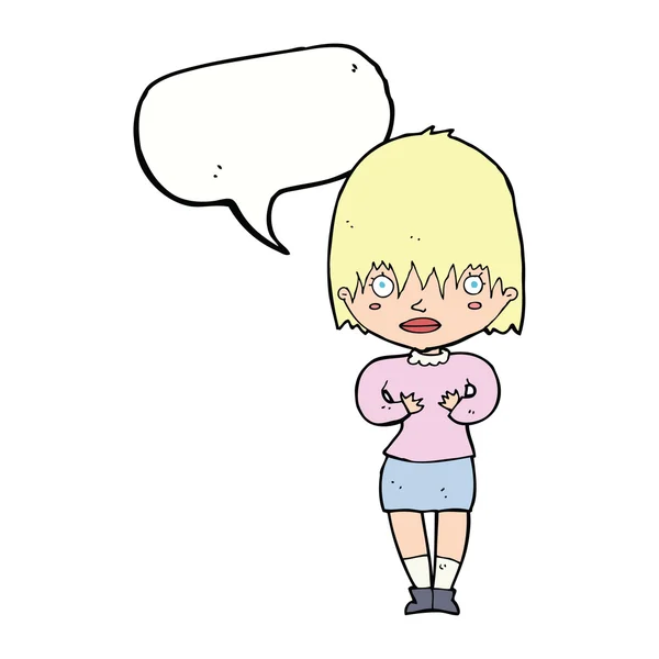 Una donna dei cartoni animati che fa Who Me? gesto con bolla vocale — Vettoriale Stock