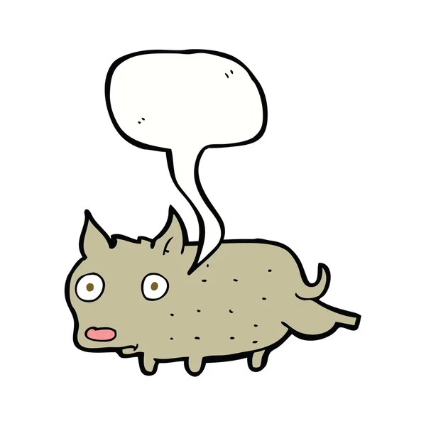 Мультяшна маленька собака пісяє ногою з мовною бульбашкою — стоковий вектор
