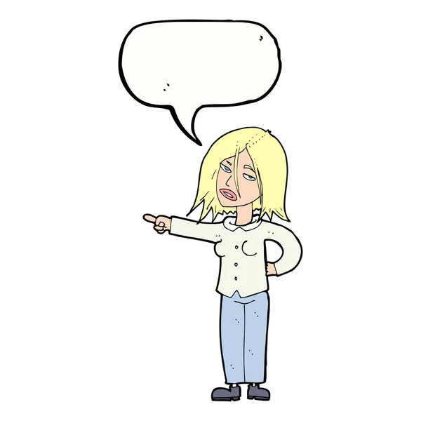 Kreslená žena ukazující s bublinou řeči — Stockový vektor