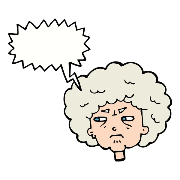 Cartoon bittere oude vrouw met tekstballon — Stockvector