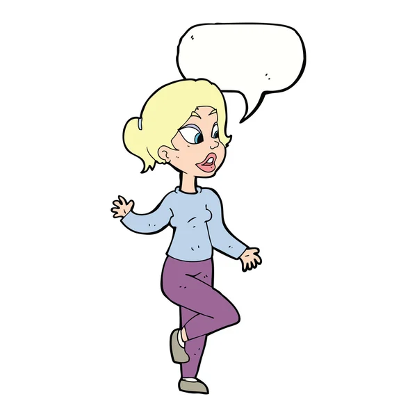 Mujer amigable de dibujos animados ondeando con burbuja del habla — Vector de stock
