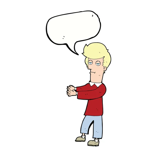 Kreskówki znudzony człowiek pokazując drogę z bańki mowy — Wektor stockowy
