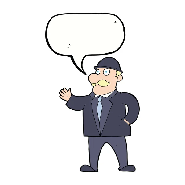 Cartoon förnuftiga affärsman i plommonstop med pratbubblan — Stock vektor