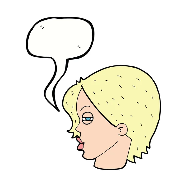 Cara femenina de dibujos animados con ojos estrechos con burbuja del habla — Vector de stock