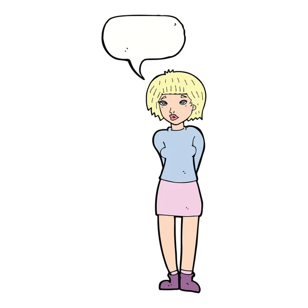 Dibujos animados mujer tímida con burbuja del habla — Vector de stock