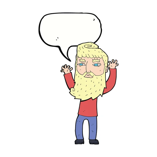 Hombre barbudo de dibujos animados agitando brazos con burbuja del habla — Vector de stock