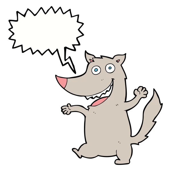 Dibujos animados lobo feliz con burbuja de habla — Vector de stock