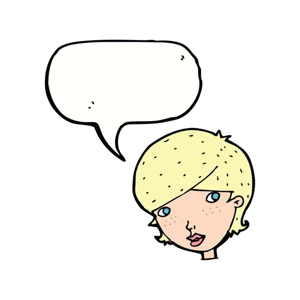 Mujer amigable de dibujos animados con burbuja de habla — Vector de stock