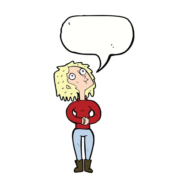 Femme dessin animé regardant vers le haut avec bulle de parole — Image vectorielle