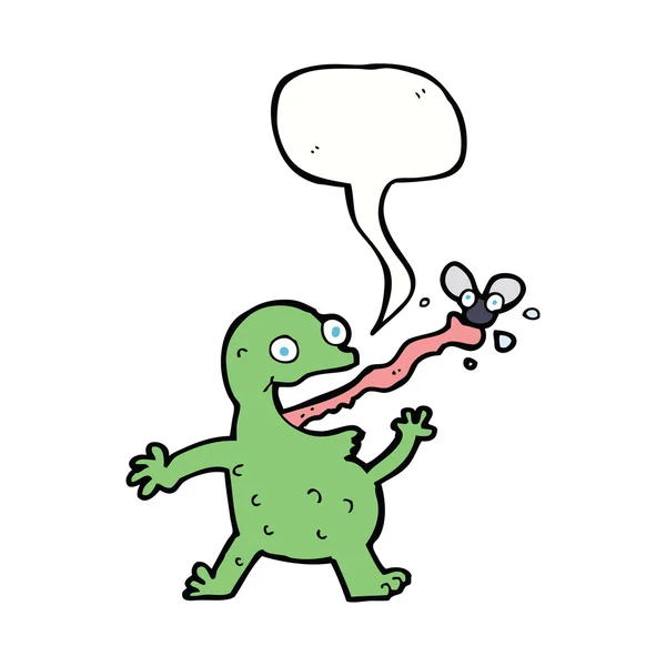 Dibujos animados rana captura volar con el habla burbuja — Vector de stock