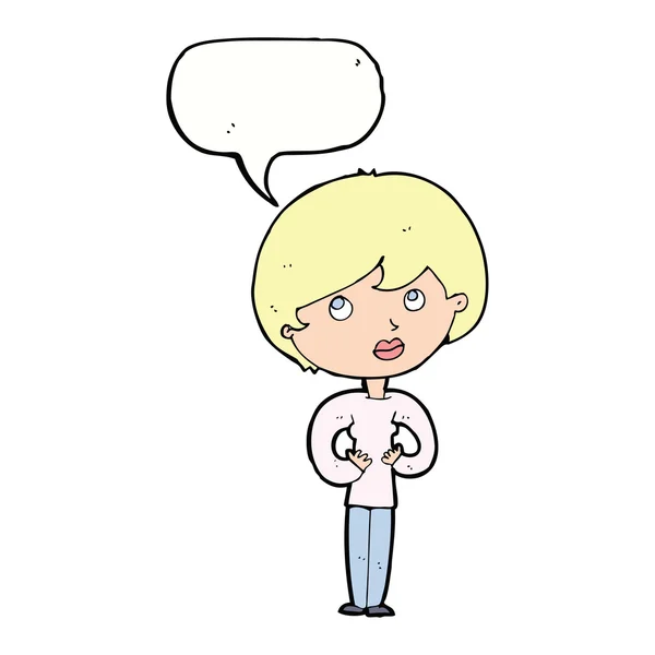 Cartoon woman making Who Me? gesture with speech bubble — Stock Vector