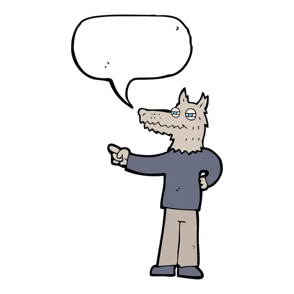 Cartoon wijzende wolf man met spraakbel — Stockvector
