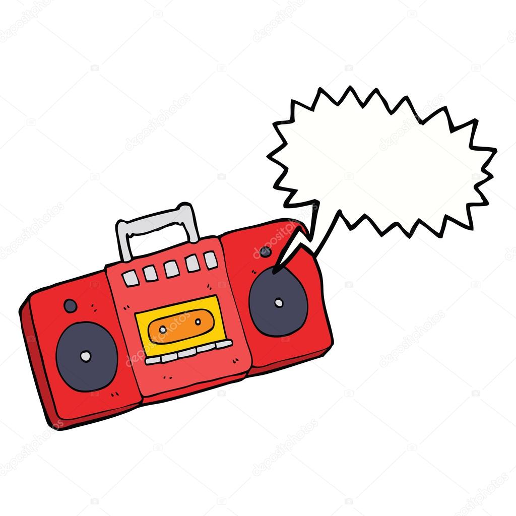 cartoon radio cassette player with speech bubble