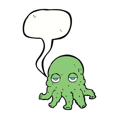 Konuşma balonlu uzaylı mürekkep balığı suratlı çizgi film.