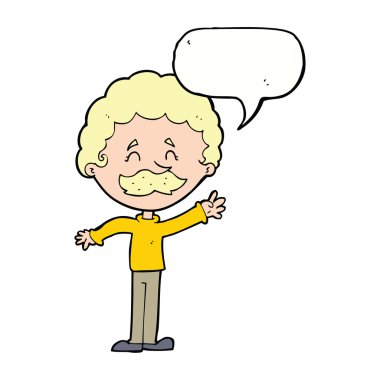 Çizgi filmdeki bıyıklı adam konuşma baloncuğuyla sallanıyor.