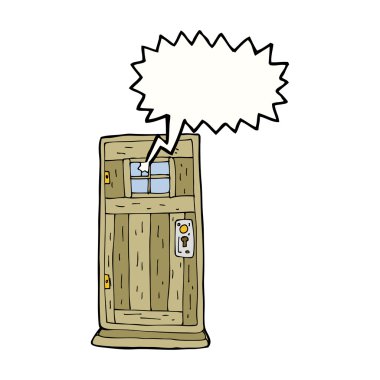 karikatür eski ahşap kapı konuşma balonu ile
