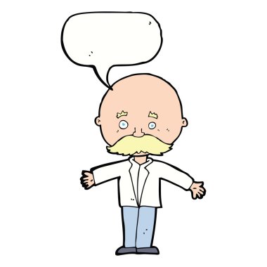 Konuşma baloncuğuyla kollarını açmış kel bir adam.