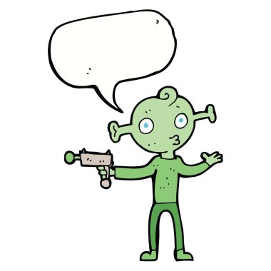 Konuşma baloncuklu ışın tabancalı bir uzaylı.