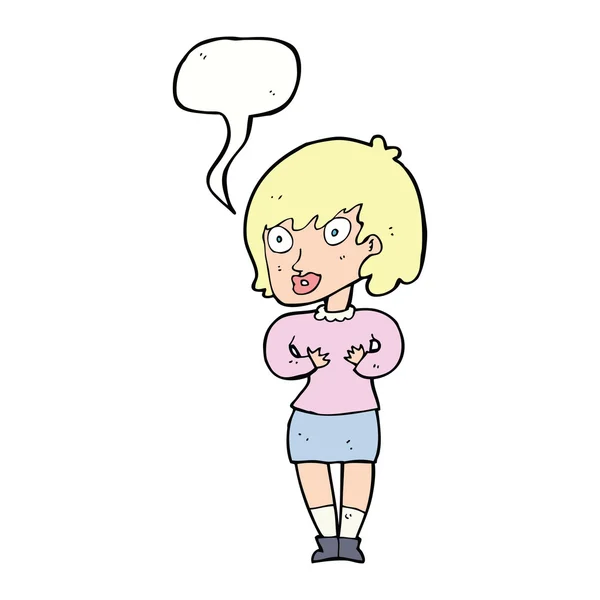 Femme dessin animé qui fait Qui moi ? geste avec bulle vocale — Image vectorielle