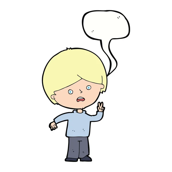 Karikatur unglücklicher Junge gibt Friedenszeichen mit Sprechblase — Stockvektor