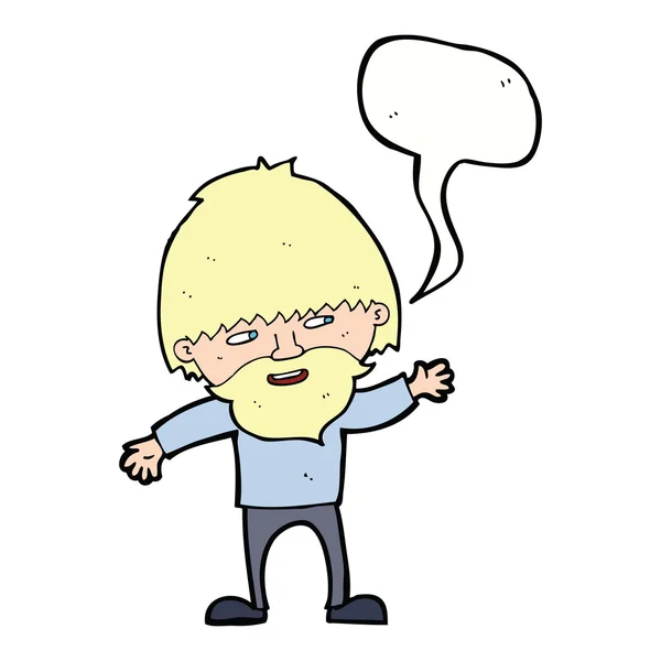 Dibujos animados hombre barbudo feliz ondeando con burbuja del habla — Vector de stock