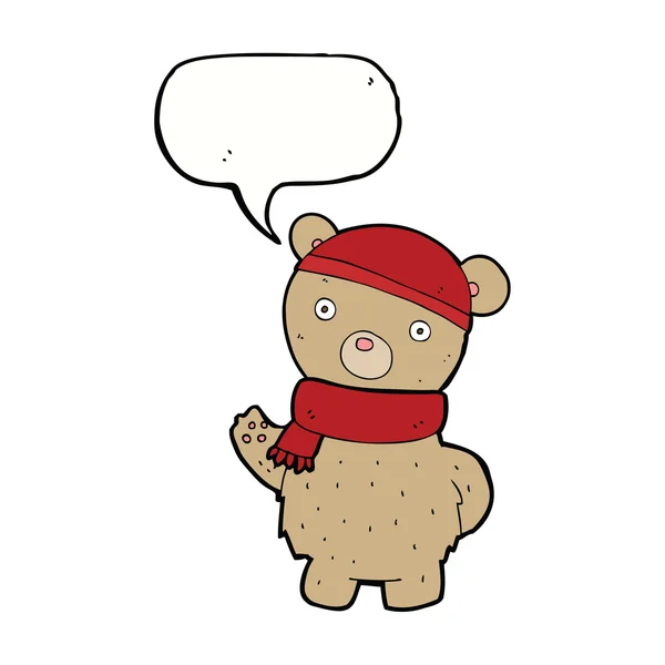 Ours en peluche dessin animé en chapeau d'hiver et écharpe avec bulle de parole — Image vectorielle