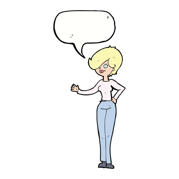 Mujer de dibujos animados ondeando con la burbuja del habla — Archivo Imágenes Vectoriales