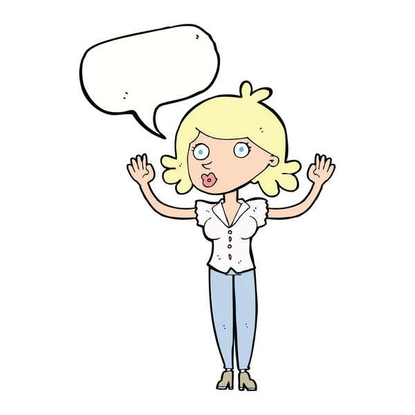 Mujer de dibujos animados rindiéndose con la burbuja del habla — Vector de stock