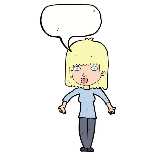 Cartoon woman shrugging with speech bubble — Stock Vector