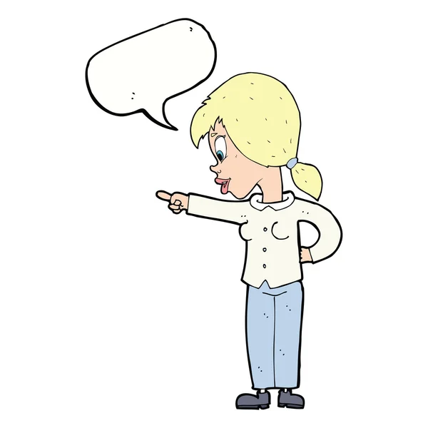 Cartoon enthusiastic woman pointing with speech bubble — Stock Vector