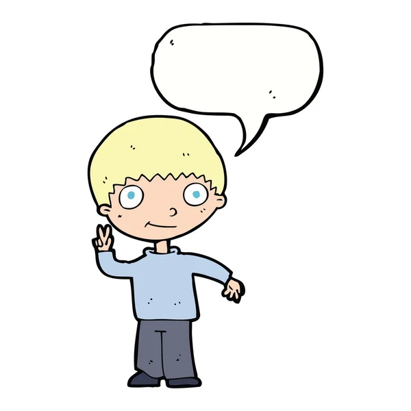 Niño de dibujos animados dando señal de paz con burbuja de habla — Vector de stock