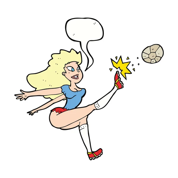 Cartoon female soccer player kicking ball with speech bubble — Stock Vector