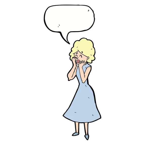 Desenho animado preocupado mulher com bolha de fala — Vetor de Stock